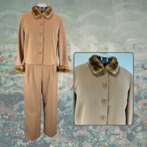 Vintage 80s 90s Positive Attitude Tan Fur Shacket Top Pants 3-Piece Set Size 14P
